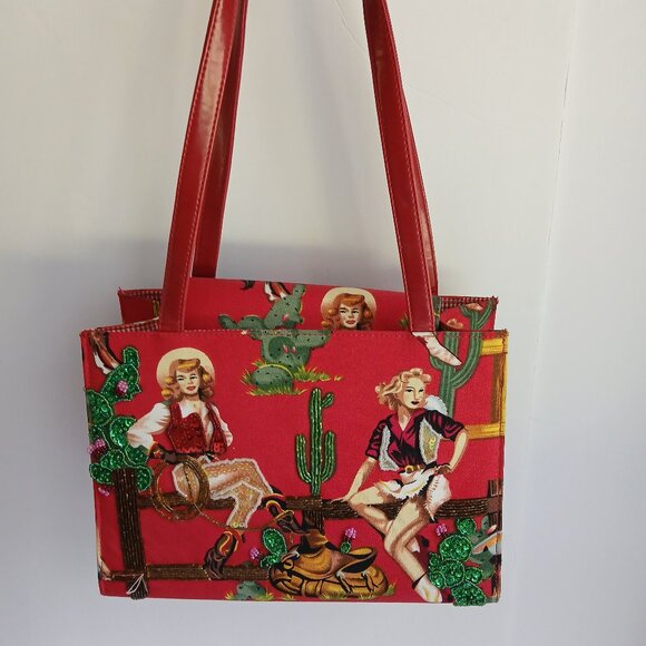 Source Unknown Handbags - Retro 50's Red Rockabilly  Pin Up Cowgirls with Beads & Sequins Shoulder Bag